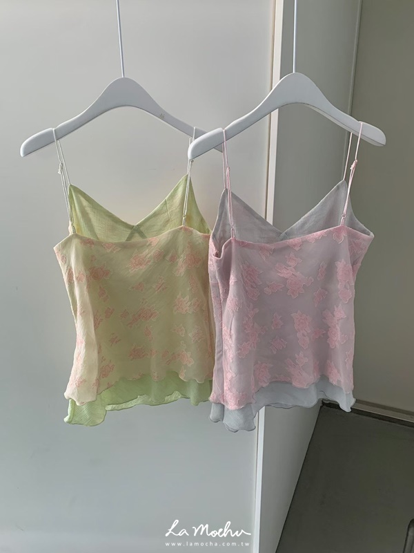 細肩刺繡花朵拼紗背心